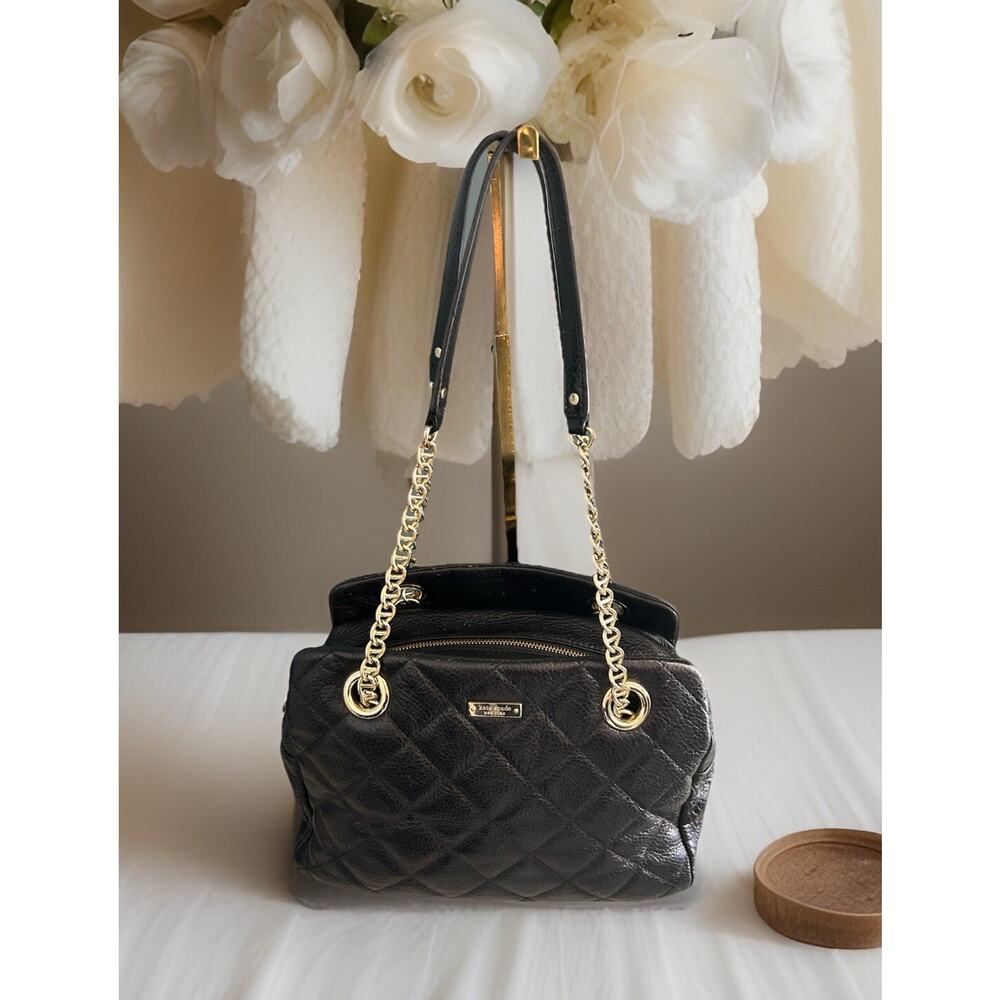 Kate Spade Black Metallic Quilted Leather Shimmer Bag Gold Chain EUC